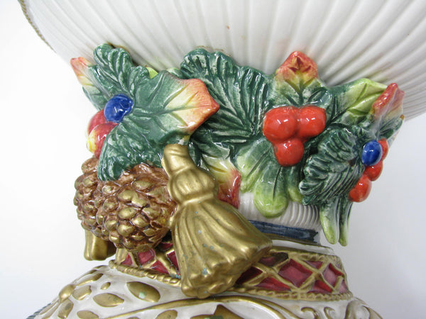 edgebrookhouse - Vintage Fitz & Floyd Jolly Ole Saint Nick Ceramic Pillar Candle Holder with Holly & Pine Cones