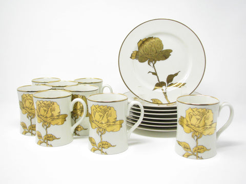 edgebrookhouse - Vintage 1970s Fitz and  Floyd Golden Rose Mugs & Plates Service for 8 - 16 Pieces