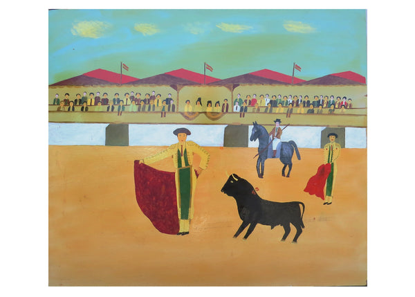 edgebrookhouse - Vintage Folk Art Oil on Board of Spanish Bull Fighting Scene