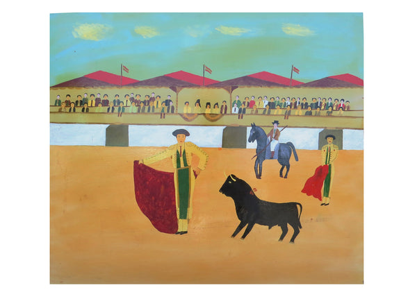 edgebrookhouse - Vintage Folk Art Oil on Board of Spanish Bull Fighting Scene