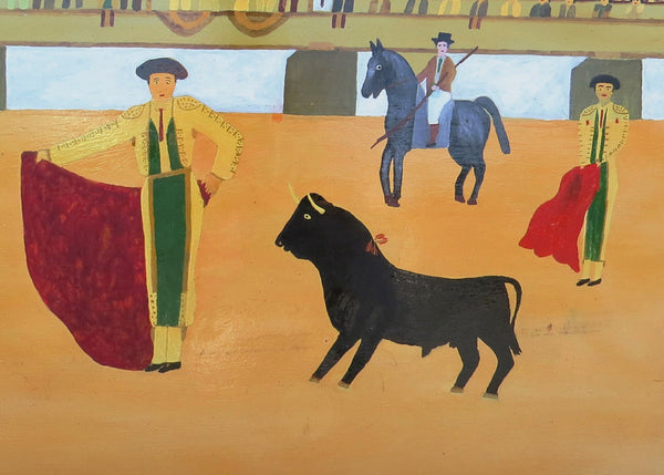edgebrookhouse - Vintage Folk Art Oil on Board of Spanish Bull Fighting Scene