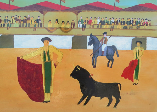 edgebrookhouse - Vintage Folk Art Oil on Board of Spanish Bull Fighting Scene
