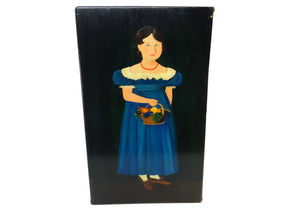 edgebrookhouse - Vintage Folk Art Oil on Wood of Girl in Blue Dress Artist Signed E. Wolcott