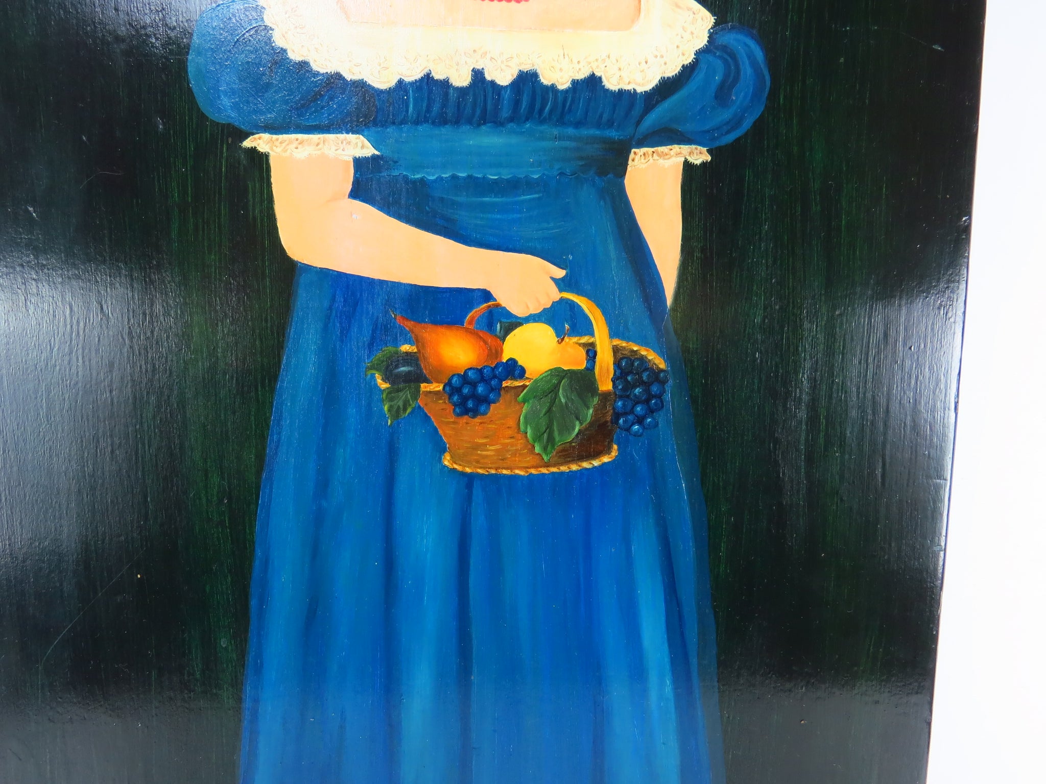 Vintage Folk Art Oil on Wood of Girl in Blue Dress Artist Signed E. Wo – edgebrookhouse
