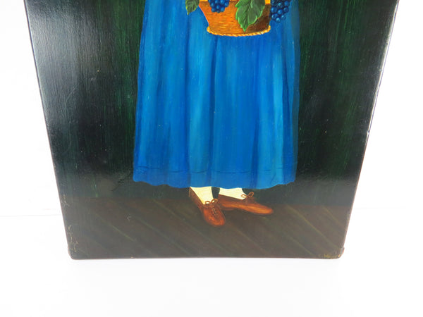 edgebrookhouse - Vintage Folk Art Oil on Wood of Girl in Blue Dress Artist Signed E. Wolcott