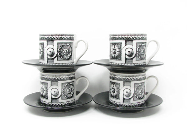 edgebrookhouse - Vintage Fornasetti Style Black & White Demitasse Cups & Saucers - 4 Sets