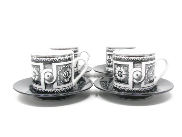 edgebrookhouse - Vintage Fornasetti Style Black & White Demitasse Cups & Saucers - 4 Sets