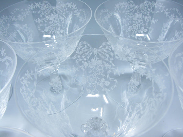 edgebrookhouse - Vintage Fostoria Romance Etched Glass Coupe Champagne with Flowers & Ribbon Design - 10 Pieces