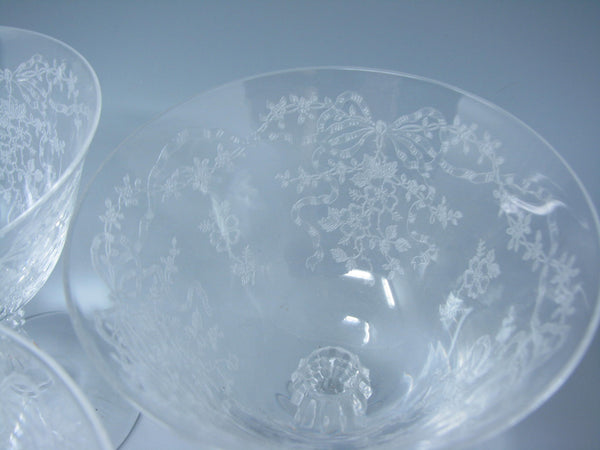 edgebrookhouse - Vintage Fostoria Romance Etched Glass Coupe Champagne with Flowers & Ribbon Design - 10 Pieces