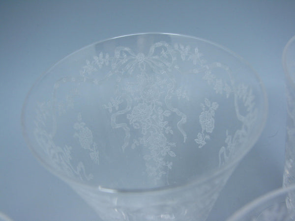edgebrookhouse - Vintage Fostoria Romance Etched Glass Footed Juice Glasses with Flowers & Ribbon Design - 8 Pieces