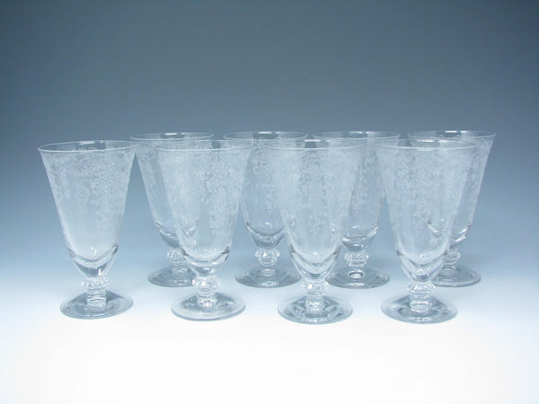 edgebrookhouse - Vintage Fostoria Romance Etched Glass Footed Juice Glasses with Flowers & Ribbon Design - 8 Pieces