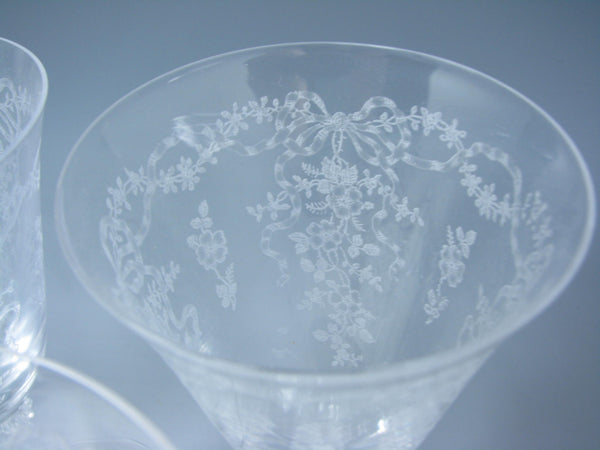 edgebrookhouse - Vintage Fostoria Romance Etched Glass Wine or Water Goblets with Flowers & Ribbon Design - 8 Pieces