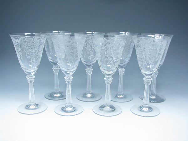 edgebrookhouse - Vintage Fostoria Romance Etched Glass Wine or Water Goblets with Flowers & Ribbon Design - 8 Pieces