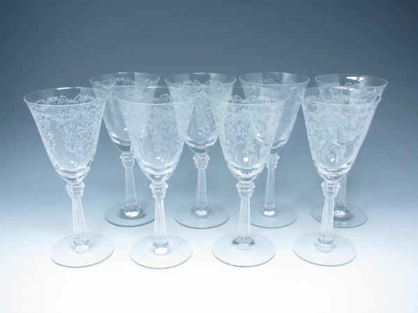 edgebrookhouse - Vintage Fostoria Romance Etched Glass Wine or Water Goblets with Flowers & Ribbon Design - 8 Pieces