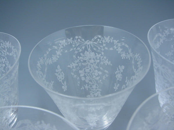 edgebrookhouse - Vintage Fostoria Romance Etched Glass Wine or Water Goblets with Flowers & Ribbon Design - 8 Pieces