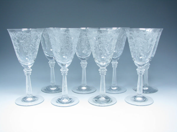 edgebrookhouse - Vintage Fostoria Romance Etched Glass Wine or Water Goblets with Flowers & Ribbon Design - 8 Pieces