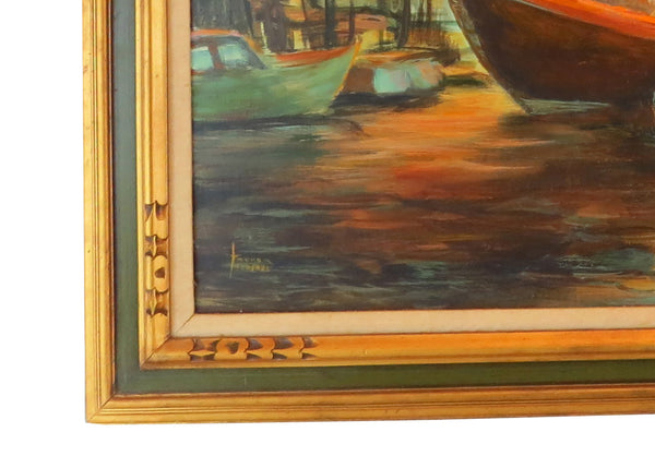 edgebrookhouse - Vintage Framed Oil on Canvas Harbor Scene - Artist Signed