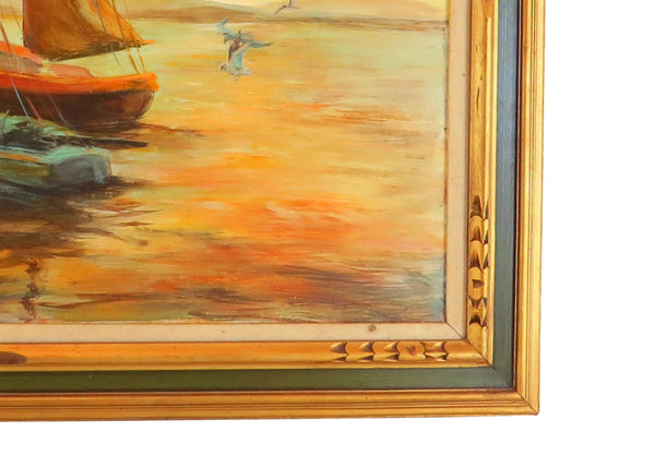 edgebrookhouse - Vintage Framed Oil on Canvas Harbor Scene - Artist Signed