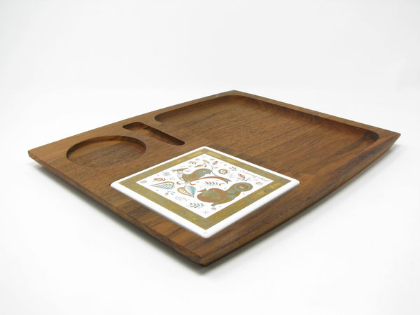 edgebrookhouse - Vintage Georges Briard Woodland Teak Cheese Tray with Rare Enameled Metal Tile