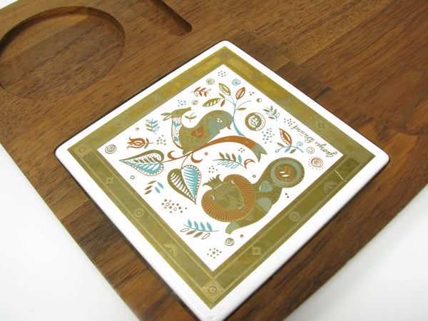 edgebrookhouse - Vintage Georges Briard Woodland Teak Cheese Tray with Rare Enameled Metal Tile