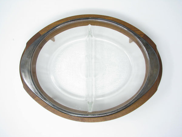 edgebrookhouse - Vintage Glasbake Divided Glass Serving Dish with Walnut Footed Stand