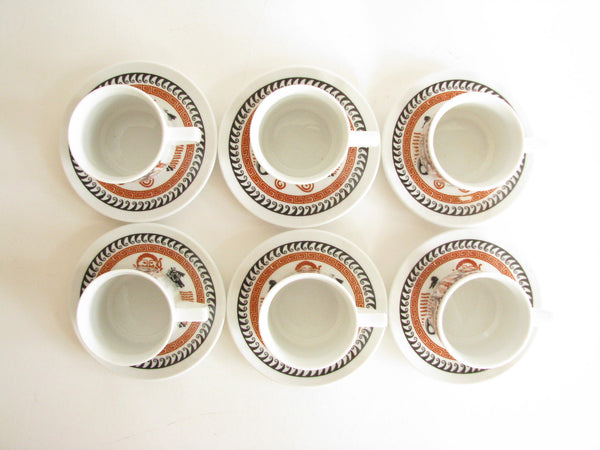 edgebrookhouse - Vintage Greek Porcelain Demitasse Espresso Cups & Saucers With Orange Black Chariot Design - 6 Sets