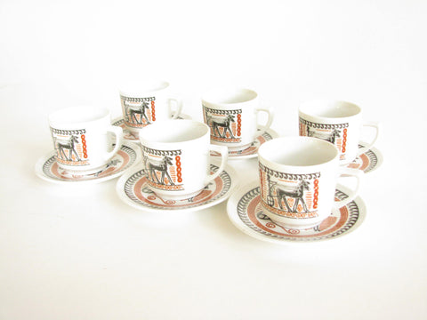 edgebrookhouse - Vintage Greek Porcelain Demitasse Espresso Cups & Saucers With Orange Black Chariot Design - 6 Sets