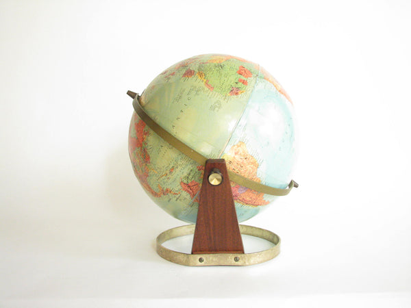 edgebrookhouse - Vintage Gustav Brueckmann Replogle Double Swivel Axis Globe with Stereo Relief on Brass and Teak Stand