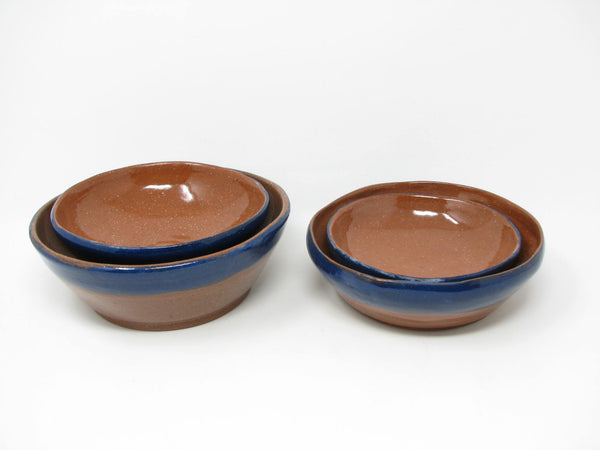 edgebrookhouse - Vintage Hand-Crafted Clay Pottery Nesting Bowls with Blue Stripe - 4 Pieces