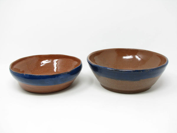 edgebrookhouse - Vintage Hand-Crafted Clay Pottery Nesting Bowls with Blue Stripe - 4 Pieces