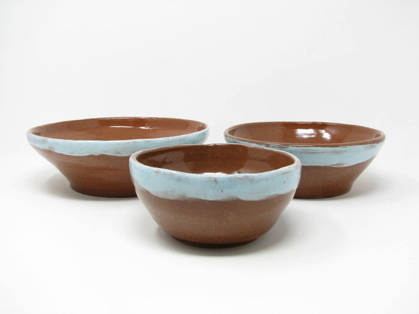 edgebrookhouse - Vintage Hand-Crafted Clay Pottery Nesting Bowls with Turquoise Stripe - 3 Pieces