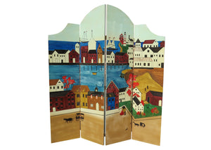 edgebrookhouse - Vintage Hand-Painted Folk Art and Oriental 2-Sided Bonnet Top Room Divider / Screen