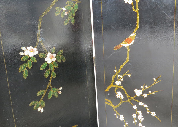 edgebrookhouse - Vintage Hand-Painted Folk Art and Oriental 2-Sided Bonnet Top Room Divider / Screen
