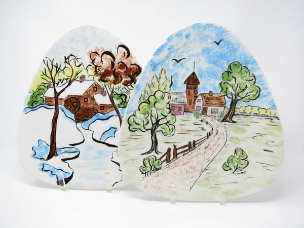 edgebrookhouse - Vintage Hand-Painted Triangular Guitar Pick Shaped Ceramic Decorative Plate / Wall Décor with Farm Scene