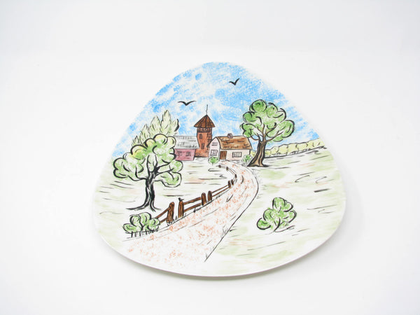 edgebrookhouse - Vintage Hand-Painted Triangular Guitar Pick Shaped Ceramic Decorative Plate / Wall Décor with Farm Scene