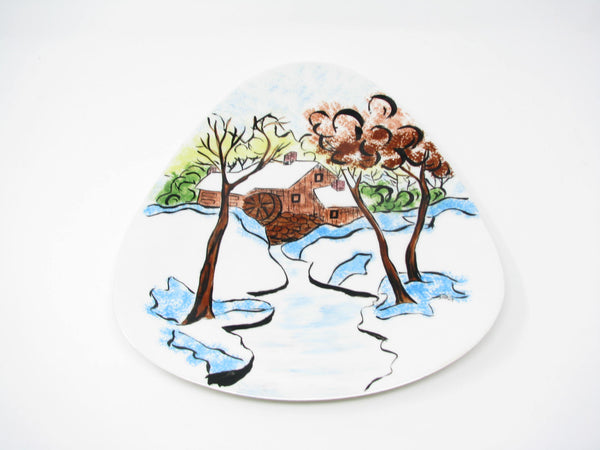 edgebrookhouse - Vintage Hand-Painted Triangular Guitar Pick Shaped Ceramic Decorative Plate / Wall Décor with Mill Scene