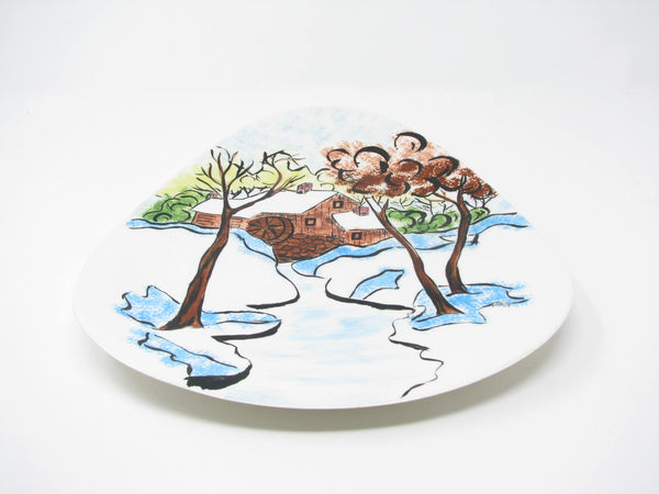 edgebrookhouse - Vintage Hand-Painted Triangular Guitar Pick Shaped Ceramic Decorative Plate / Wall Décor with Mill Scene
