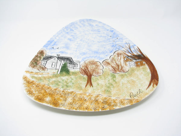 edgebrookhouse - Vintage Hand-Painted Triangular Guitar Pick Shaped Ceramic Decorative Plate with Home Neighborhood Scene