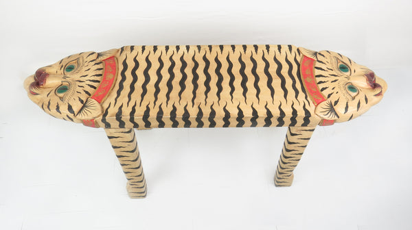 edgebrookhouse - Vintage Hand Carved and Painted Wooden Double Headed Tiger Table / Bench