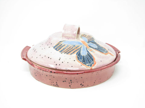edgebrookhouse - Vintage Handmade Pottery Lidded Dish with Butterfly Motif