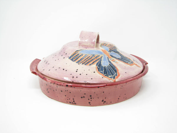 edgebrookhouse - Vintage Handmade Pottery Lidded Dish with Butterfly Motif