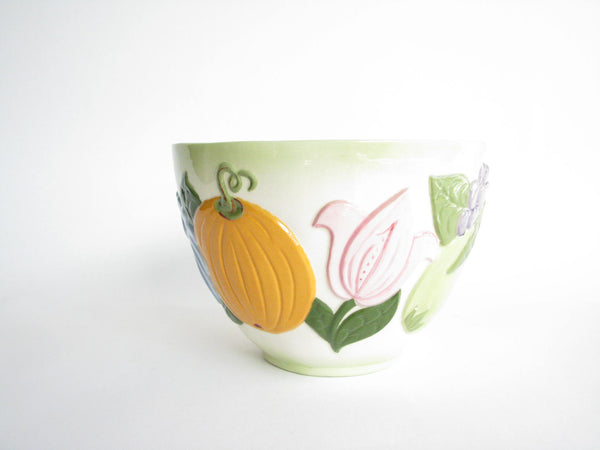 edgebrookhouse - Vintage Handmade Tall Ceramic Serving Bowl with Embossed Floral and Fruit Motif
