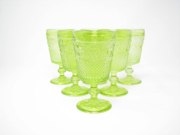 edgebrookhouse - Vintage IVIMA Portugal Pressed Chartreuse Green Glass Water Goblets with Scroll Design - 6 Pieces