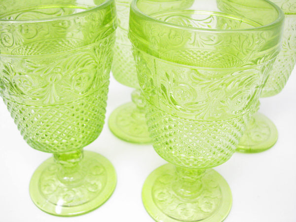 edgebrookhouse - Vintage IVIMA Portugal Pressed Chartreuse Green Glass Water Goblets with Scroll Design - 6 Pieces