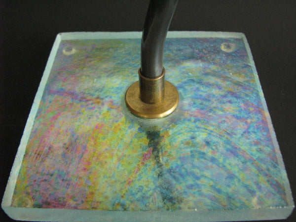 edgebrookhouse - Vintage Iridescent Studio Art Glass Sculpture of Flower with Metal Stem on Glass Base