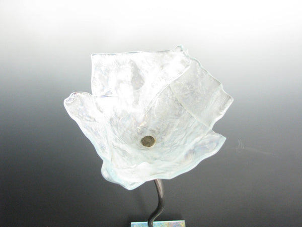 edgebrookhouse - Vintage Iridescent Studio Art Glass Sculpture of Flower with Metal Stem on Glass Base