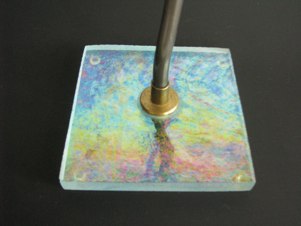 edgebrookhouse - Vintage Iridescent Studio Art Glass Sculpture of Flower with Metal Stem on Glass Base