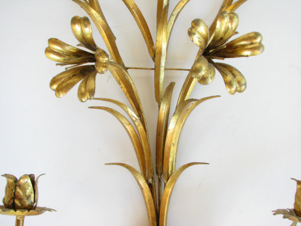 edgebrookhouse - Vintage Italian Gilt Metal Floral Two Light Candle Wall Sconce