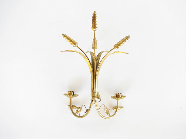 edgebrookhouse - Vintage Italian Gilt Metal Wheat Two Light Candle Wall Sconce