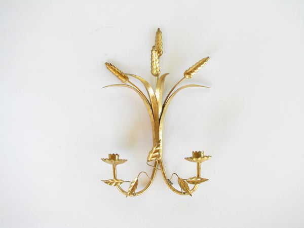 edgebrookhouse - Vintage Italian Gilt Metal Wheat Two Light Candle Wall Sconce